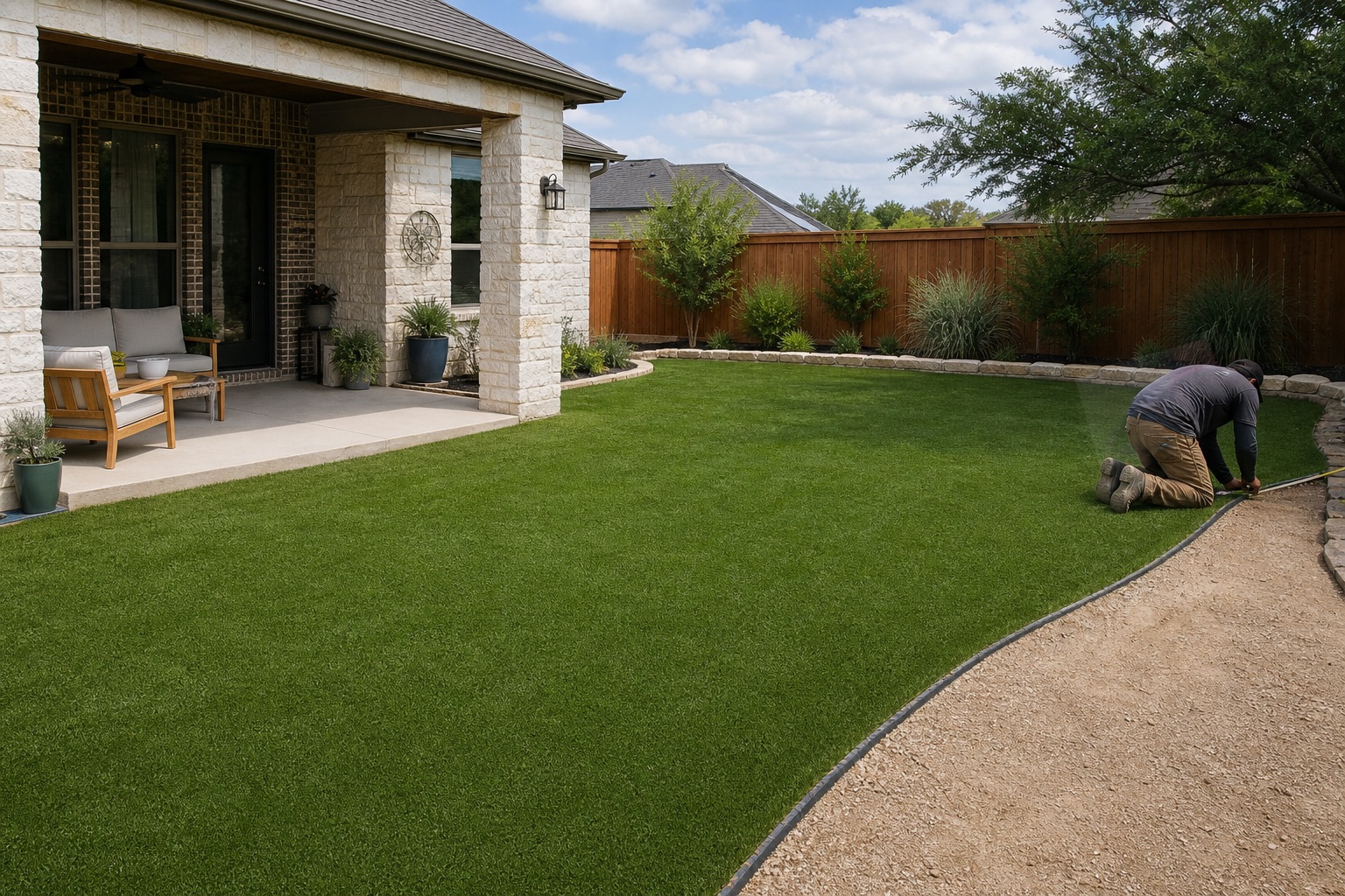 Artificial turf being finished in a Central Texas backyard