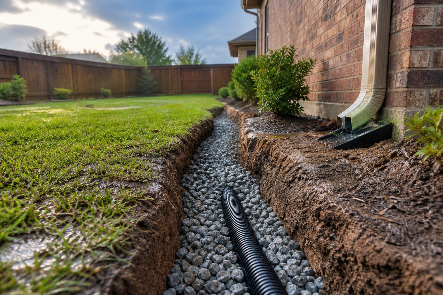 French drain trench with gravel and drain pipe beside a brick home