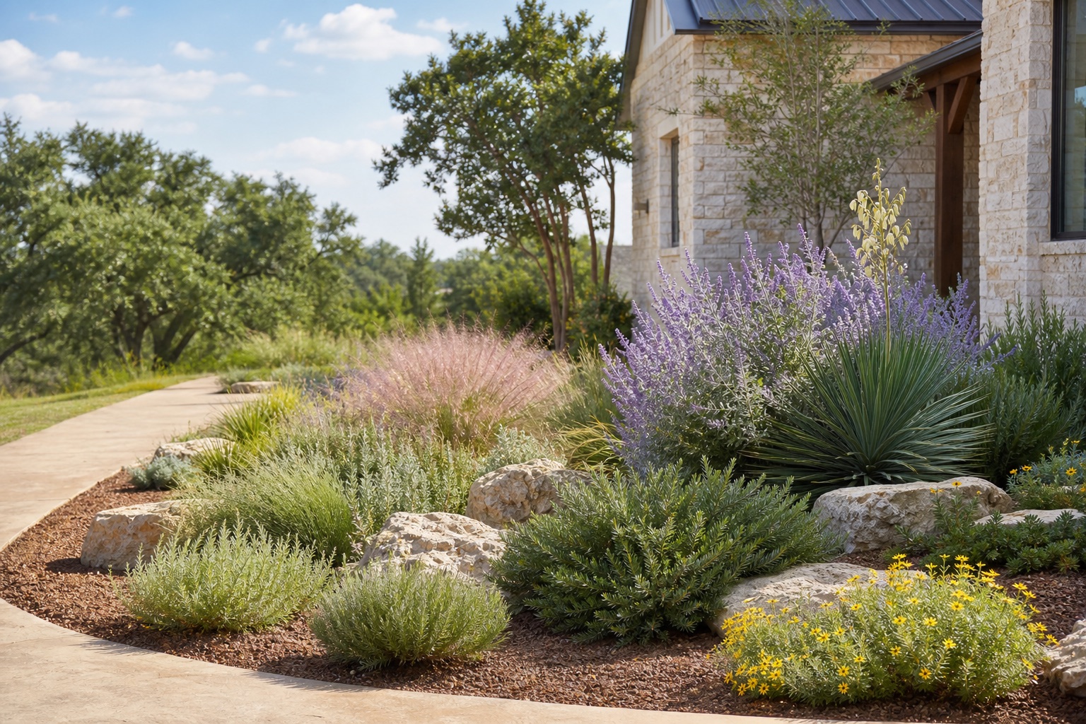 Water-wise Central Texas planting bed with native and adapted plants