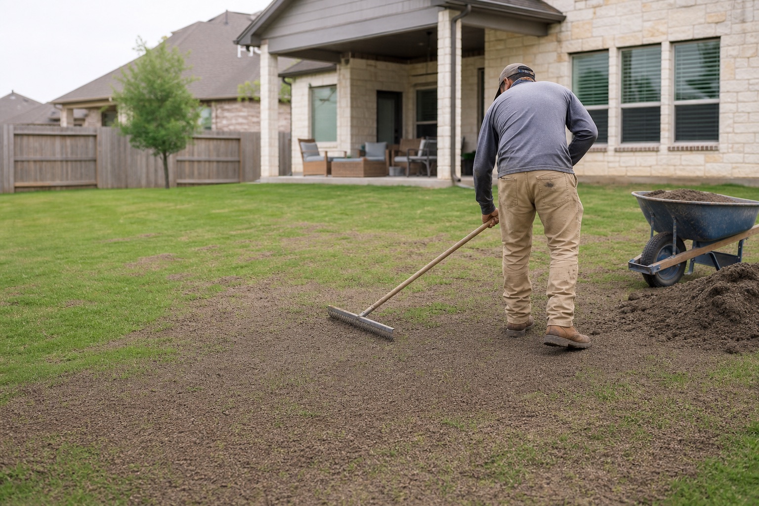 A thin layer of top dressing being leveled across an existing lawn